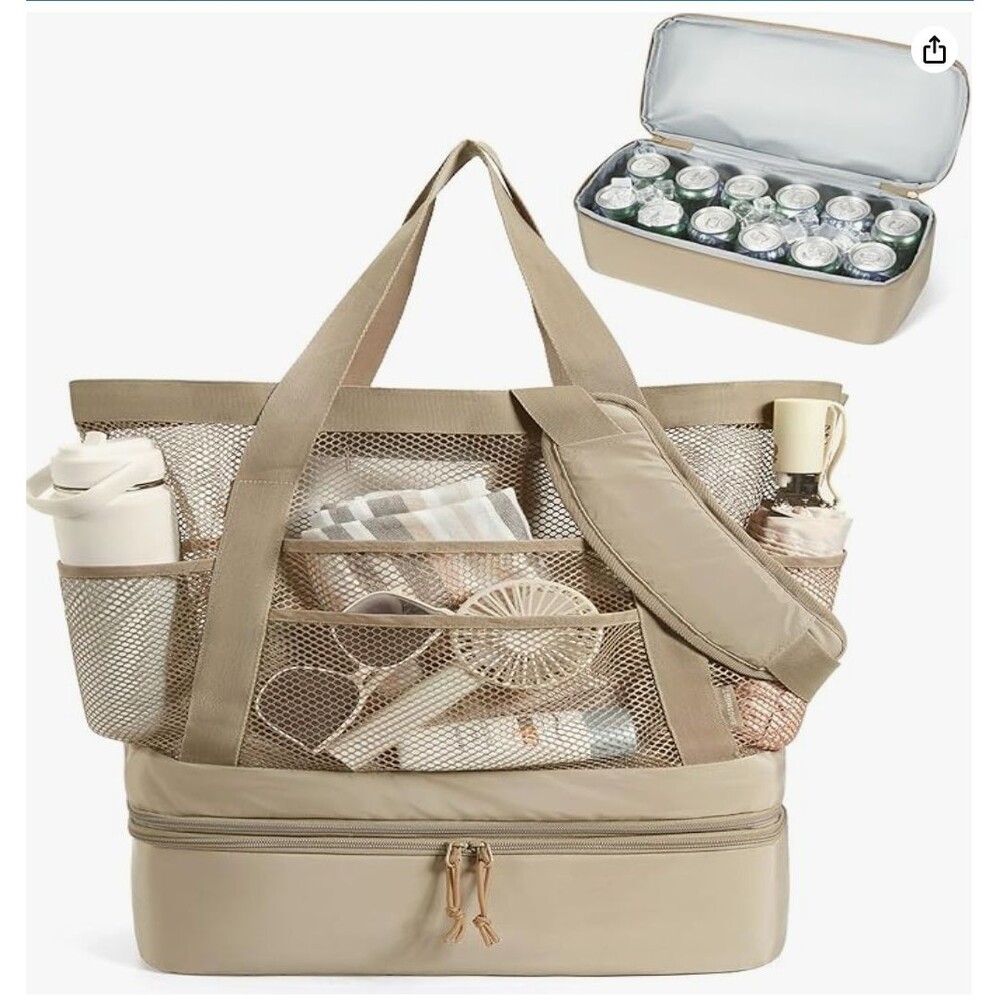 NEW Bagsmart Mesh Sandproof Camel Tote Beach Bag with Cooler